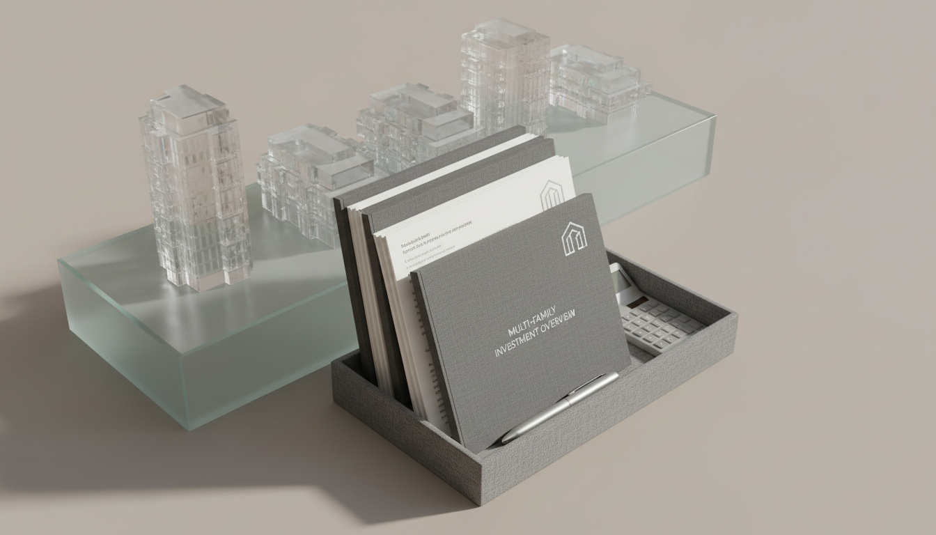 A refined portfolio of multi-family property investment reports, featuring crisp, high-quality paper with charcoal gray covers and discreet silver foil accents. The reports rest atop a subtle gray linen desk organizer, arranged against a seamless, neutral background with clear glass architectural scale models visible behind. Gentle daylight filters from the right, providing even, soft illumination and gentle shadows that emphasize the textures and shapes without distraction. The scene is shot from a slight overhead perspective, emphasizing clean organization and methodical presentation, reinforcing a sense of professional gravitas, order, and reliability in a photographic, corporate style.