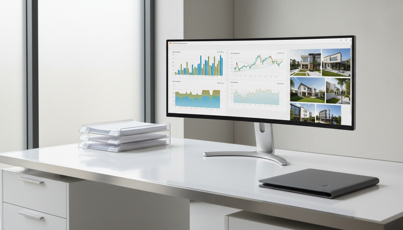 A meticulously organized workspace featuring a luxury wide-screen monitor displaying dynamic bar graphs, financial analytics, and property images. The monitor stands on a flawless white lacquer desk with brushed metal accents, flanked by clear glass files and an understated, closed portfolio binder. Soft daylight streams through a nearby frosted office window, enveloping the scene in balanced, neutral light, creating subtle, clean highlights and fine, minimalist shadows. The composition uses rule-of-thirds with sharp focus throughout, conveying an atmosphere of clarity, intelligence, and decisive strategic planning. This photographic image aligns with a professional real estate investment brand emphasizing data-driven expertise and structured methodology.
