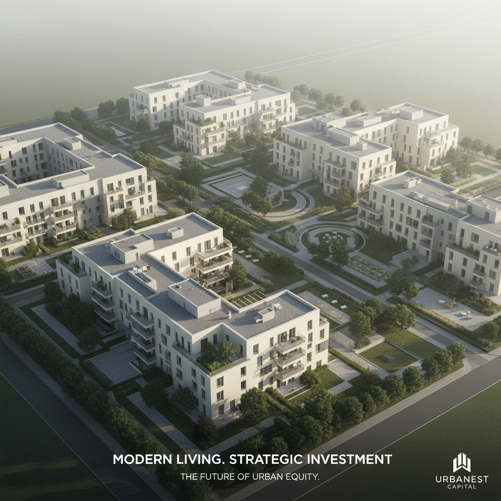 An elegant, aerial photograph of multiple contemporary apartment complexes with immaculately landscaped courtyards, stone walkways, and symmetrical layouts, viewed from a high angle. The buildings feature neutral facades—soft cream, pale gray, and brushed natural concrete—with crisp lines and modern architectural elements. Early morning diffused sunlight blankets the scene, casting soft, elongated shadows and subtle highlights across rooftops and green spaces. The atmosphere is balanced and composed, exuding stability and investment potential. The photographic composition is structured with clear boundaries and an emphasis on order, perfectly aligning with a professional real estate investment company’s market offerings.