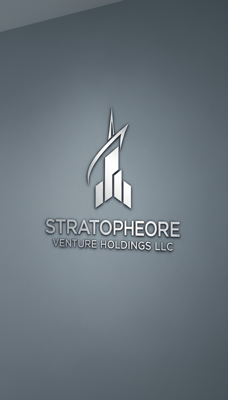 A sophisticated, geometric logo for Stratosphere Venture Holdings LLC, embossed in silver on a smooth slate-gray wall panel. The logo combines sharp, ascending lines and stacked rectangles resembling modern high-rise buildings, set against a seamless background of soft-textured concrete. Illuminated by diffused overhead office lighting, the silver embossing subtly catches light, creating elegant highlights and bringing a sense of depth and prestige. The scene is composed with the logo in crisp focus at the center, allowing the logo details and material textures to be fully appreciated. Shot at eye-level, the overall image carries a clean, professional, and modern photographic look—ideal for anchoring brand recognition and trust on a corporate real estate investment site.