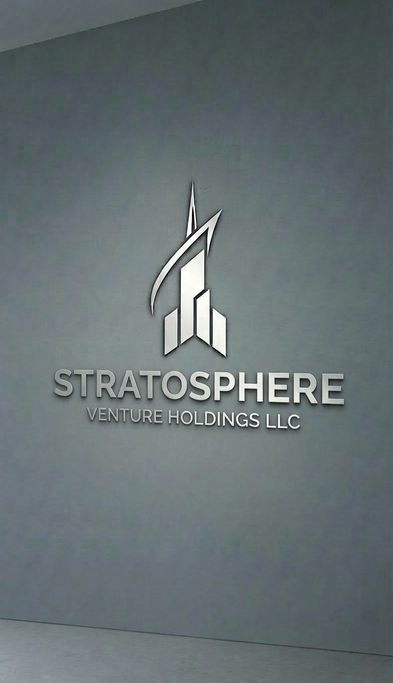 A sophisticated, geometric logo for Stratosphere Venture Holdings LLC, embossed in silver on a smooth slate-gray wall panel. The logo combines sharp, ascending lines and stacked rectangles resembling modern high-rise buildings, set against a seamless background of soft-textured concrete. Illuminated by diffused overhead office lighting, the silver embossing subtly catches light, creating elegant highlights and bringing a sense of depth and prestige. The scene is composed with the logo in crisp focus at the center, allowing the logo details and material textures to be fully appreciated. Shot at eye-level, the overall image carries a clean, professional, and modern photographic look—ideal for anchoring brand recognition and trust on a corporate real estate investment site.